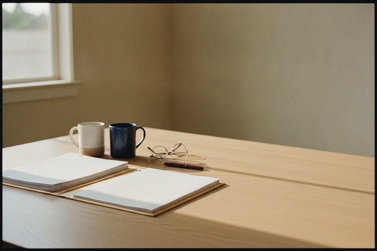 A manila folder of documents, two coffee mugs and reading glasses on an oak table in a board meeting room, lit by soft window light