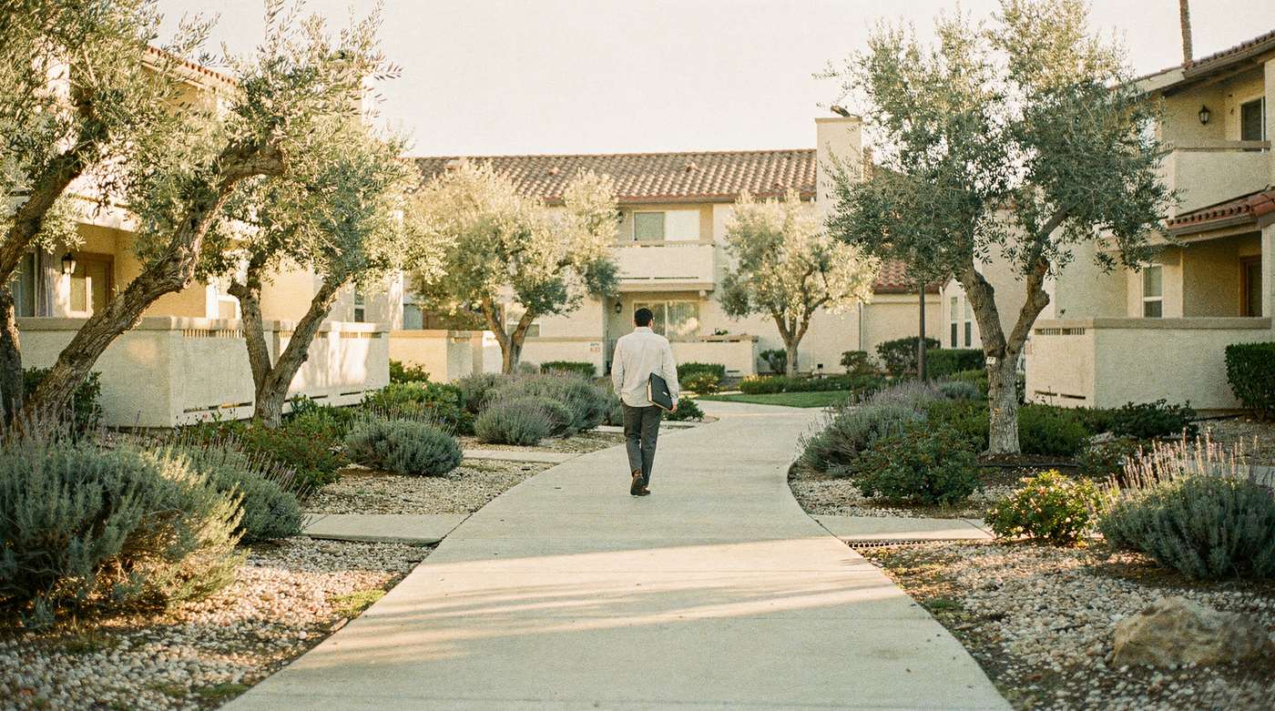 A manager walking a community path between olive trees on a late afternoon